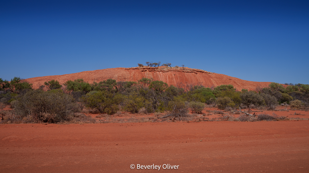 A red dirt landscape featuring a plateau, surrounded by scrub vegetation under a clear blue sky.