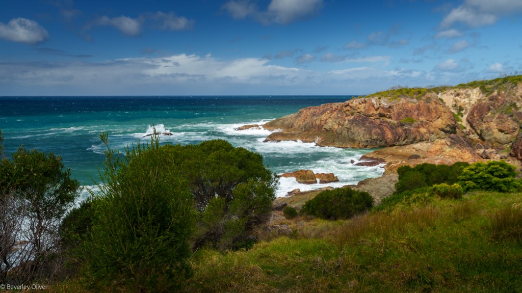 Scenic view of a rocky coastline with turquoise waters, lush greenery in the foreground, and a partly cloudy sky.