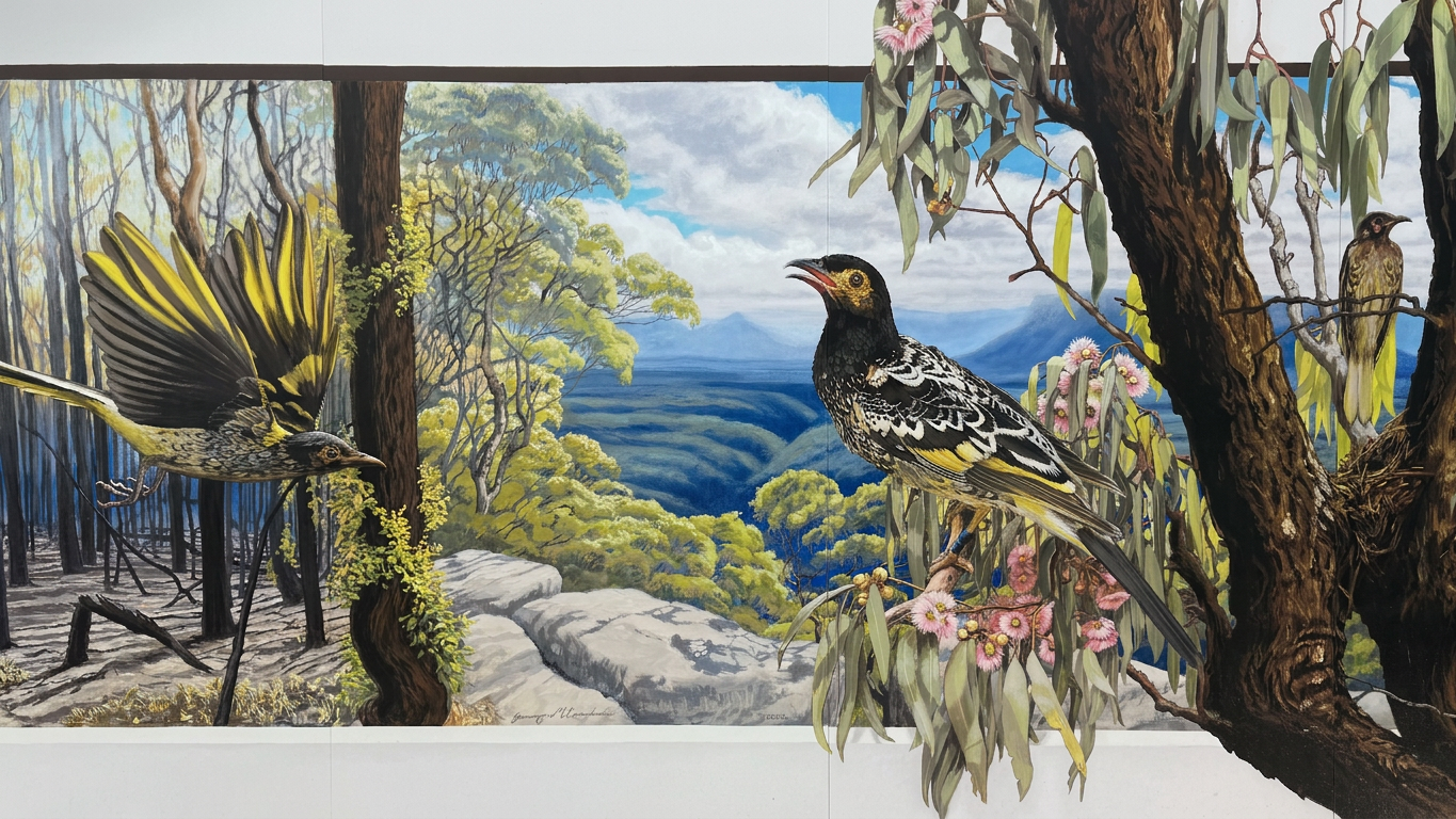 A vibrant mural depicting two colorful birds amidst a natural landscape. One bird, with yellow wing feathers, is in flight, while the other perches on a branch adorned with flowers in the foreground. The background features rolling hills and a blue sky with clouds, set against a backdrop of trees, illustrating a serene Australian environment.