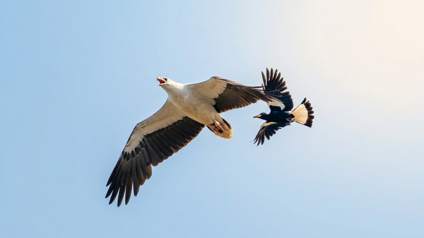 A large bird with white feathers and black-tipped wings flying in the sky while being pursued by a smaller bird.