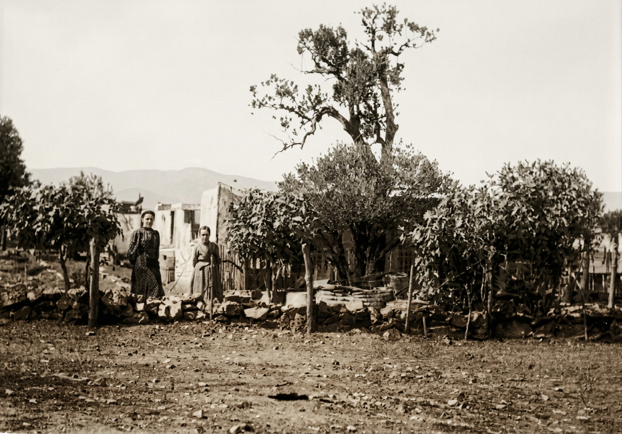 Two women standing in a rustic landscape with a stone fence, surrounded by trees and shrubbery, with mountains in the background.