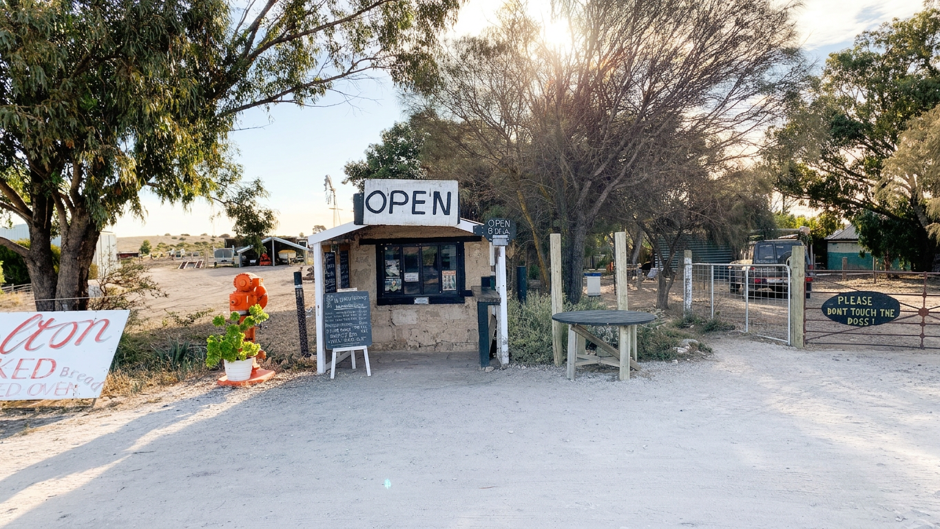 A rustic shop with an 'Open' sign in a rural setting, surrounded by trees and dirt pathways, featuring a small table outside and a caution sign about wildlife.
