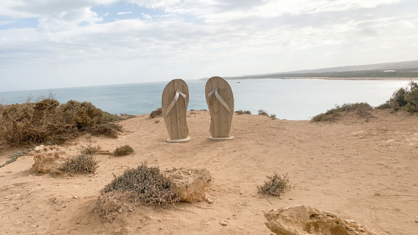 A pair of large wooden flip-flop sculptures overlooking a beach and sea under a cloudy sky.