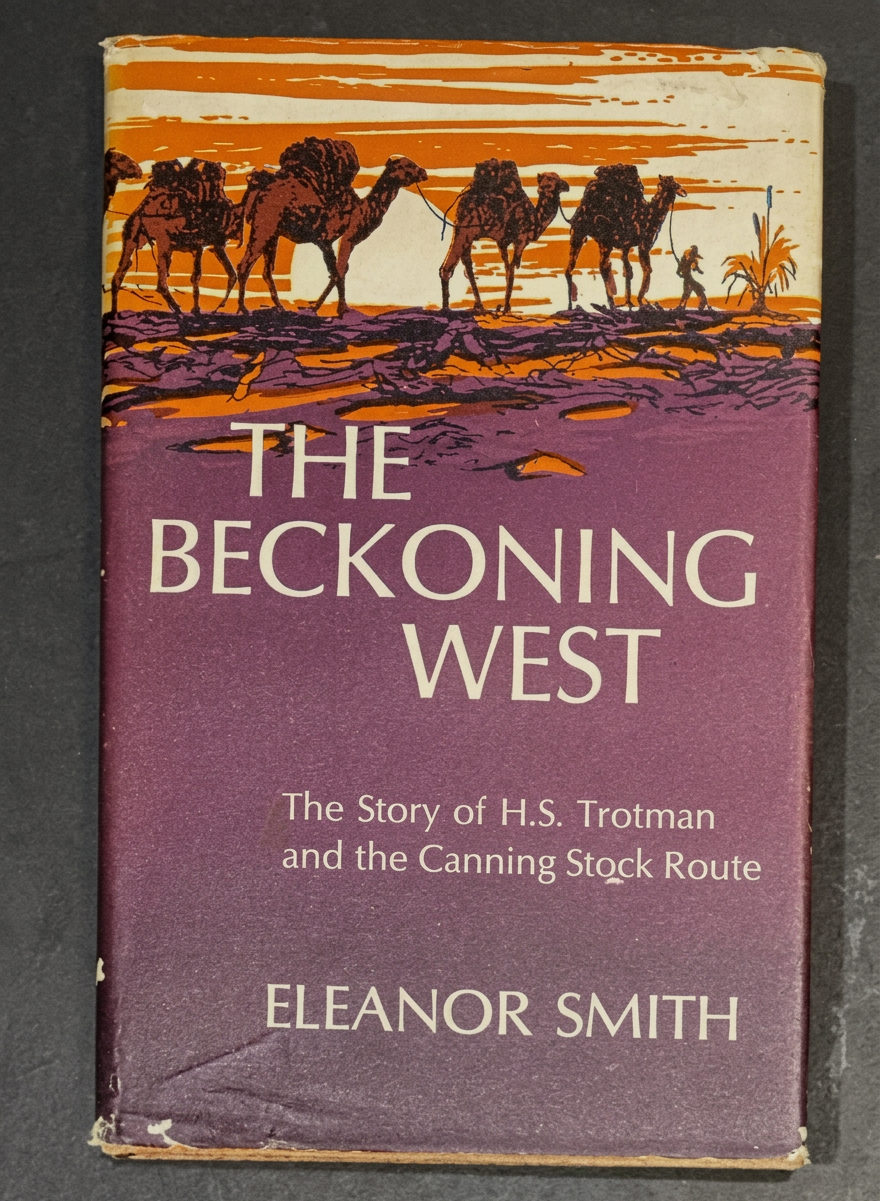 Cover of 'The Beckoning West' by Eleanor Smith featuring an illustration of camels and a sunset landscape.