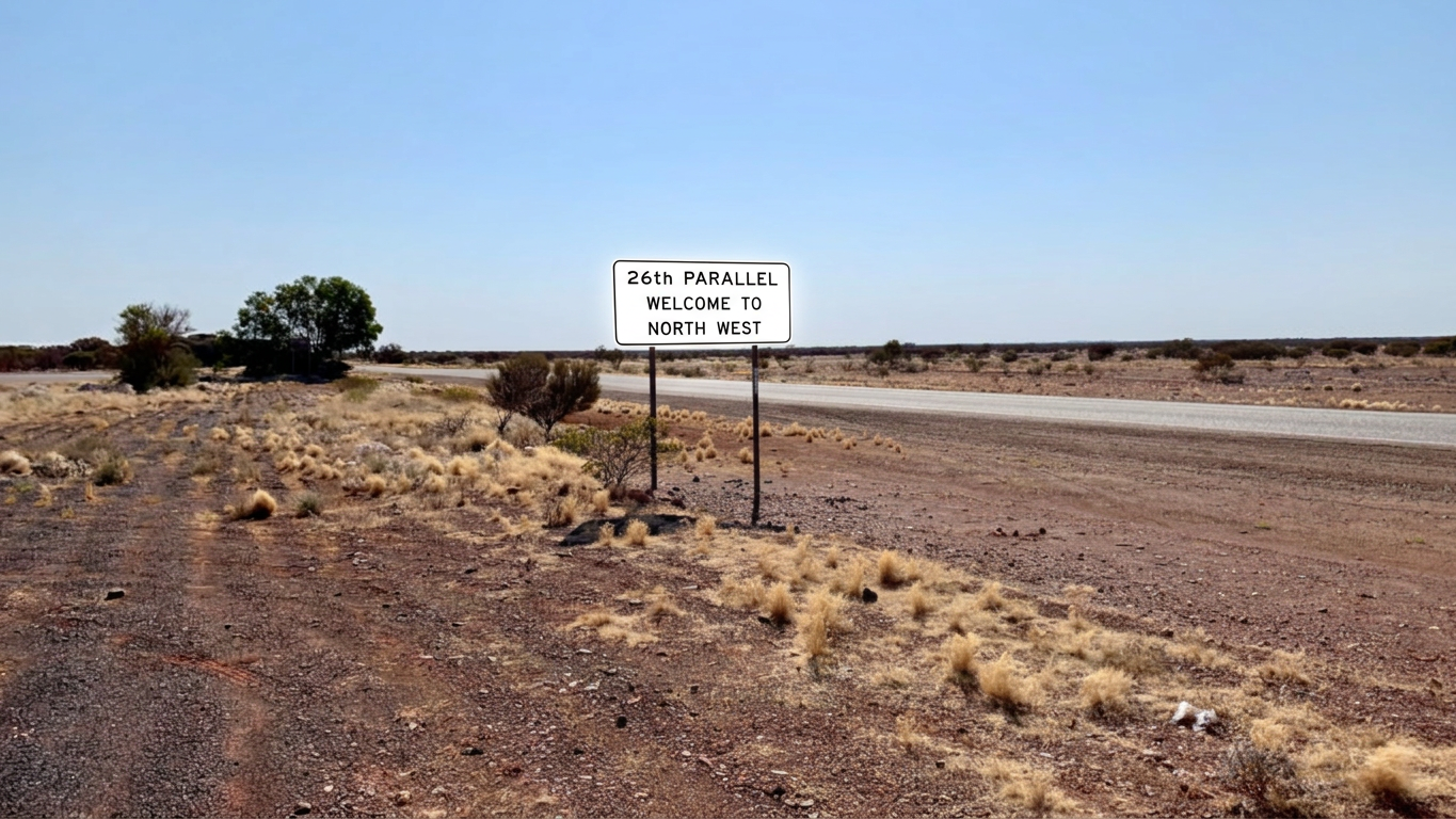 Road sign indicating '26th Parallel Welcome to North West' with arid landscape and sparse vegetation in the background.