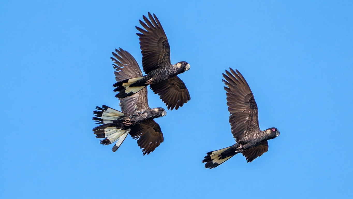 Three black cockatoos in flight against a clear blue sky.