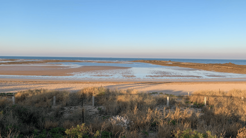 A serene beach landscape featuring sandy shorelines, gentle waves, and a clear blue sky.