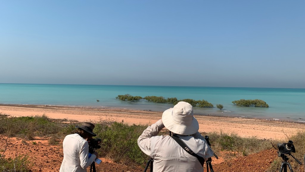 Two photographers with tripods capturing the picturesque seascape featuring a sandy beach and turquoise water under a clear blue sky.