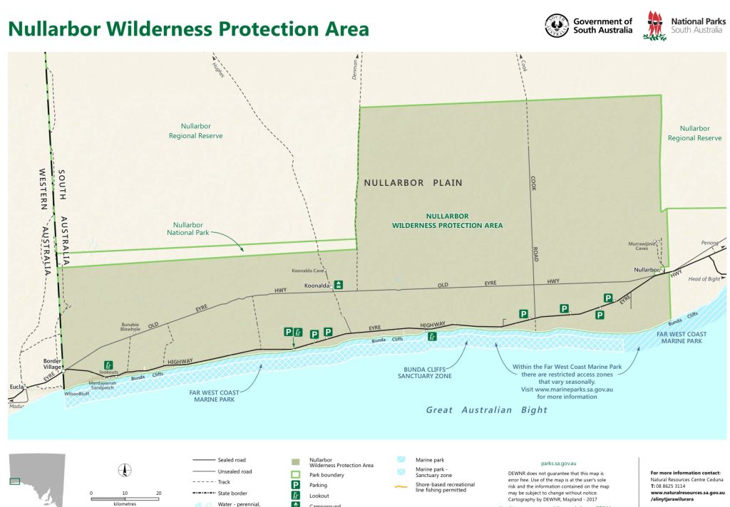 Map of the Nullarbor Wilderness Protection Area in South Australia, highlighting park boundaries, major roads, points of interest, and adjacent natural reserves.