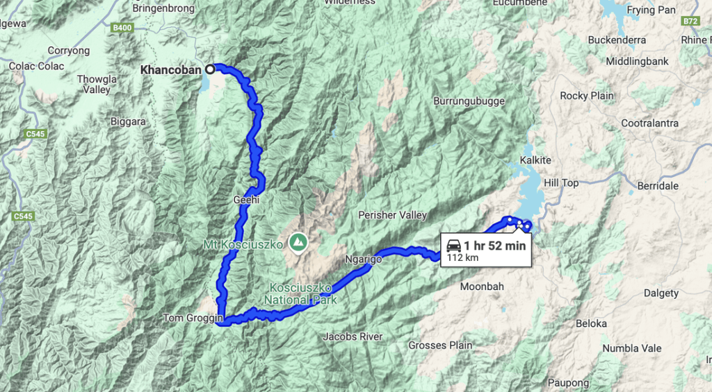 Map showing a route from Khancoban to Kalkite, highlighting a drive of 112 km taking approximately 1 hour and 52 minutes, with notable locations like Geehi and Tom Groggin along the way.