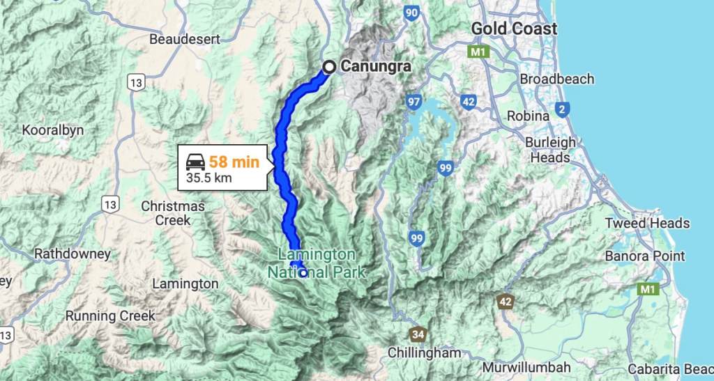 Map showing the route from Canungra to Lamington National Park, indicating a travel time of 58 minutes over a distance of 35.5 km.