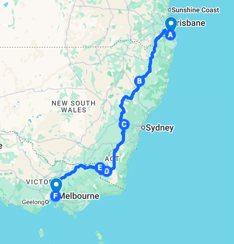 Map showing a route from Melbourne to Brisbane, with key points labeled A through F.